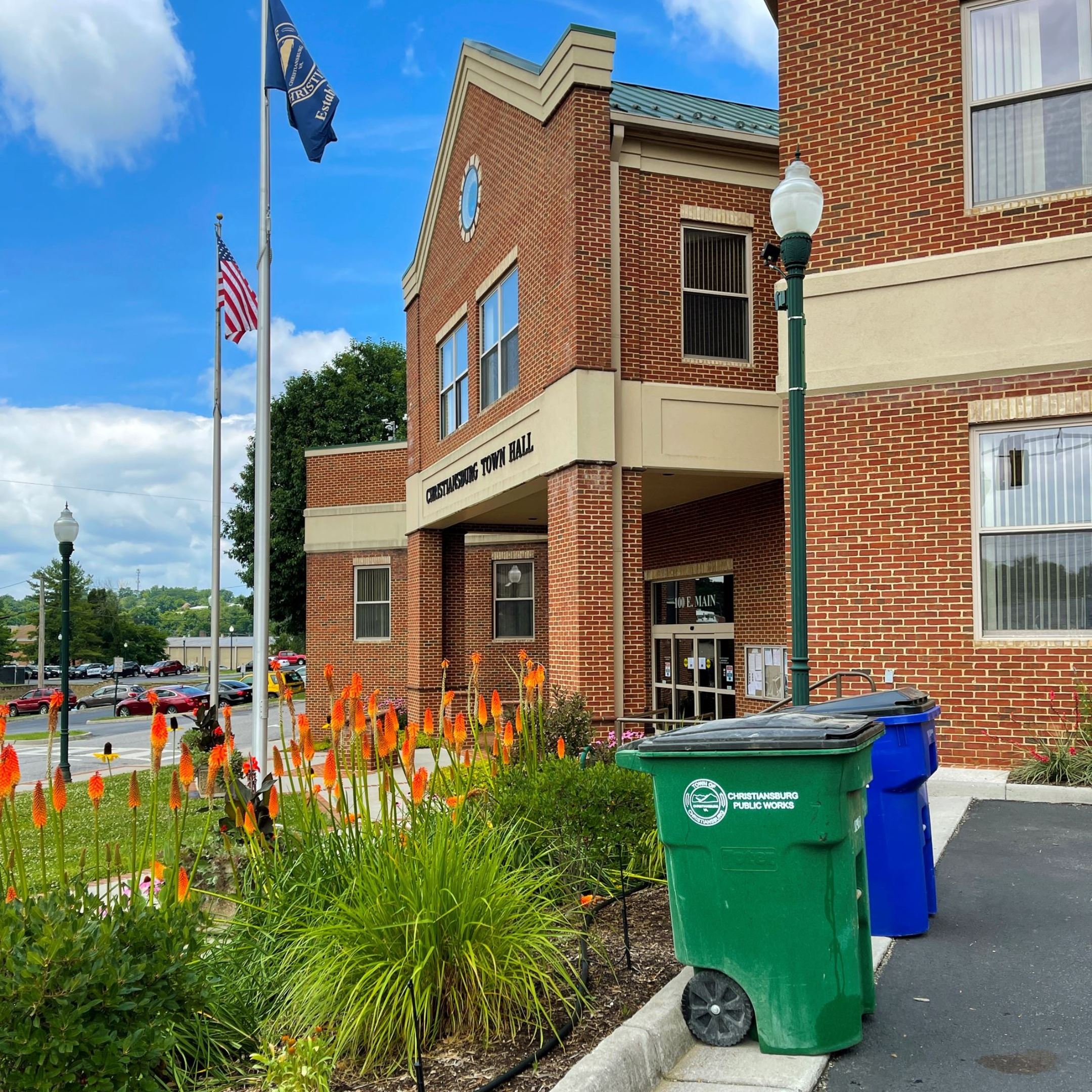 Solid waste and recycling carts outside Town Hall