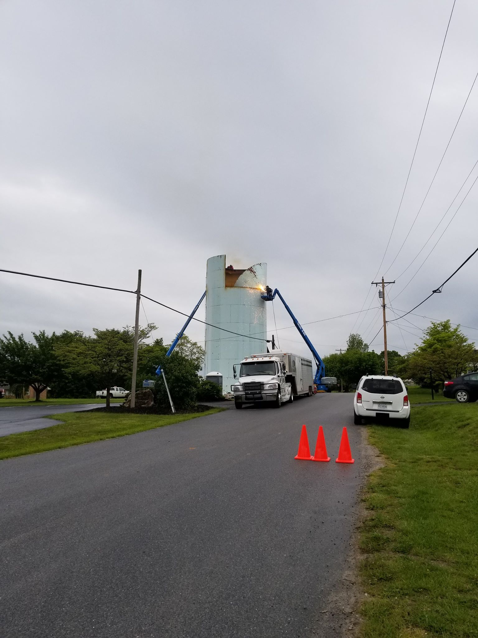 Crews begin demolition of the Cambria Water Tank on May 9, 2017